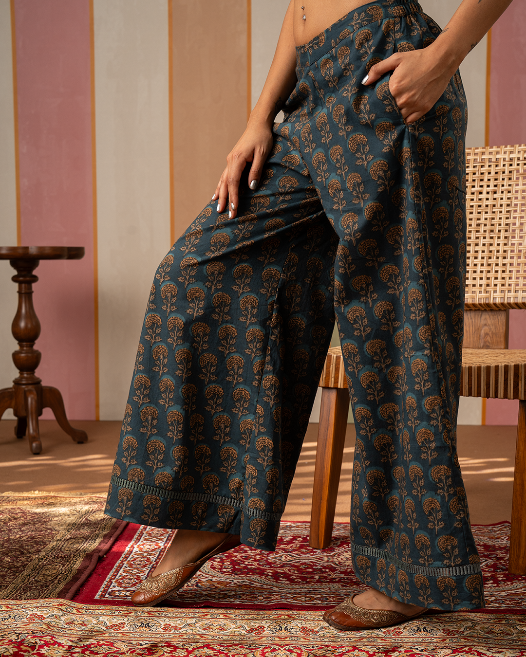 Blue Cotton Blockprint Palazzo Pants - Industale
