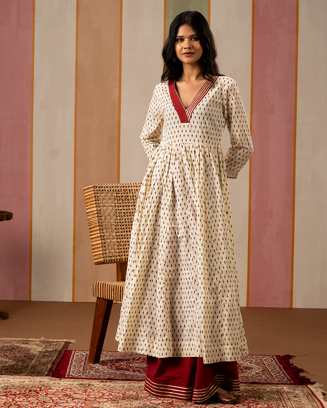 White Blockprint Cotton Flare Kurta - Industale