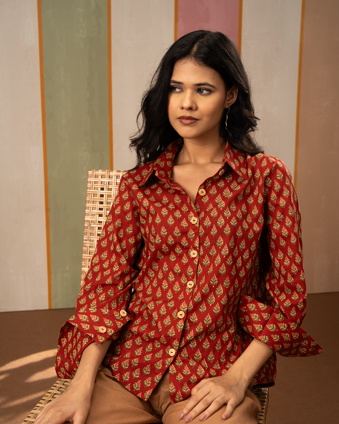 Red Blockprint Womens Cotton Shirt - Industale