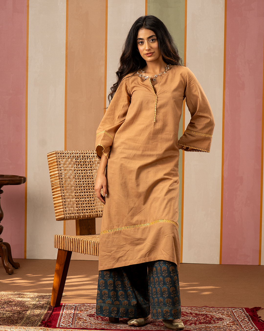Brown and Blue Printed Cotton Kurta Set - Industale