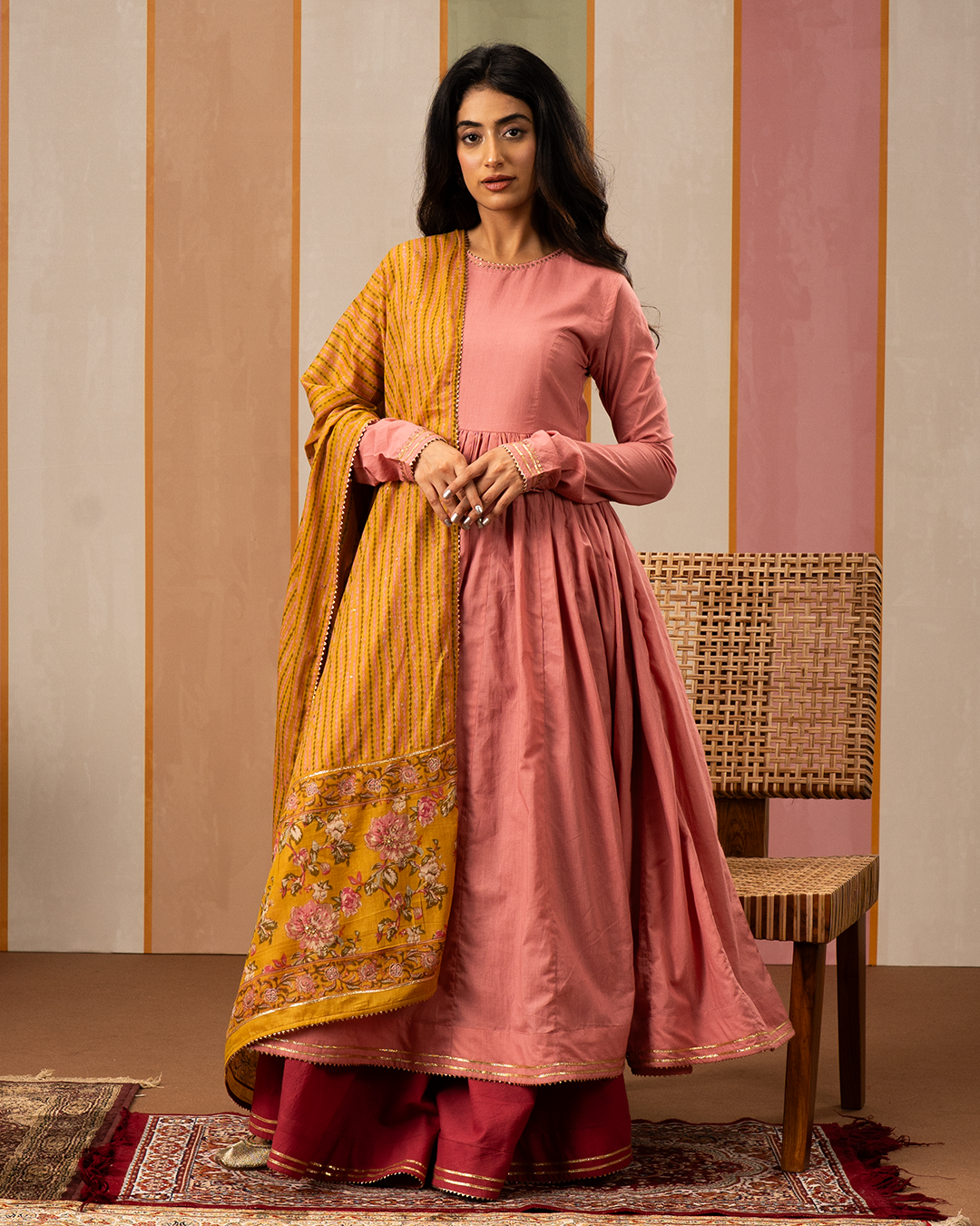 Pink Solid Cotton Flare Kurta Set with Printed Yellow Dupatta - Industale