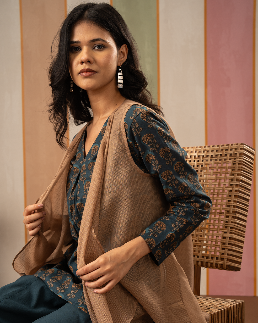 Brown Doria Sleeveless Assymetrical Jacket Shrug - Industale