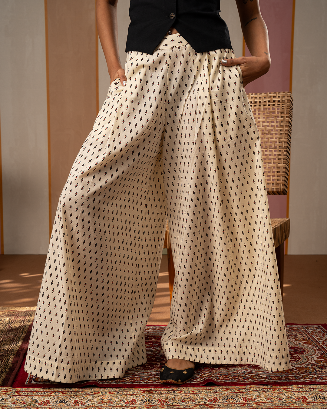 White Blockprint Cotton Palazzo Pants - Industale