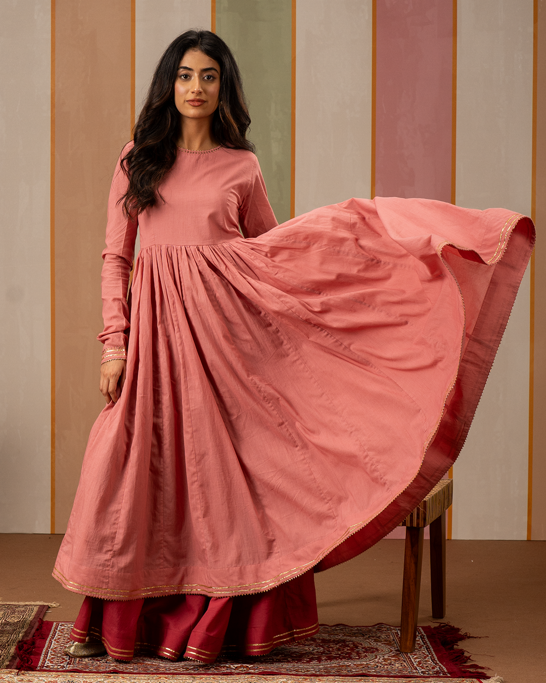 Pink Solid Cotton Flare Kurta - Industale