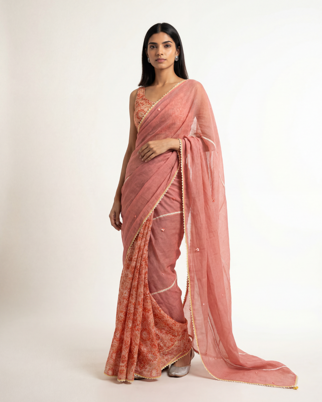 Sheen Doria Saree - Salmon Pink