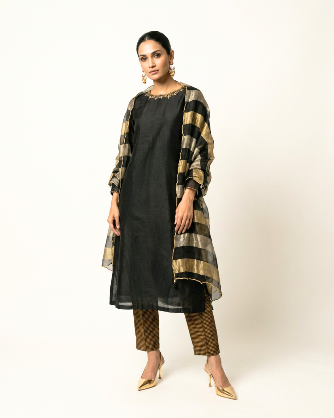 Kajal Chanderi Kurta Set - Charcoal & Gold