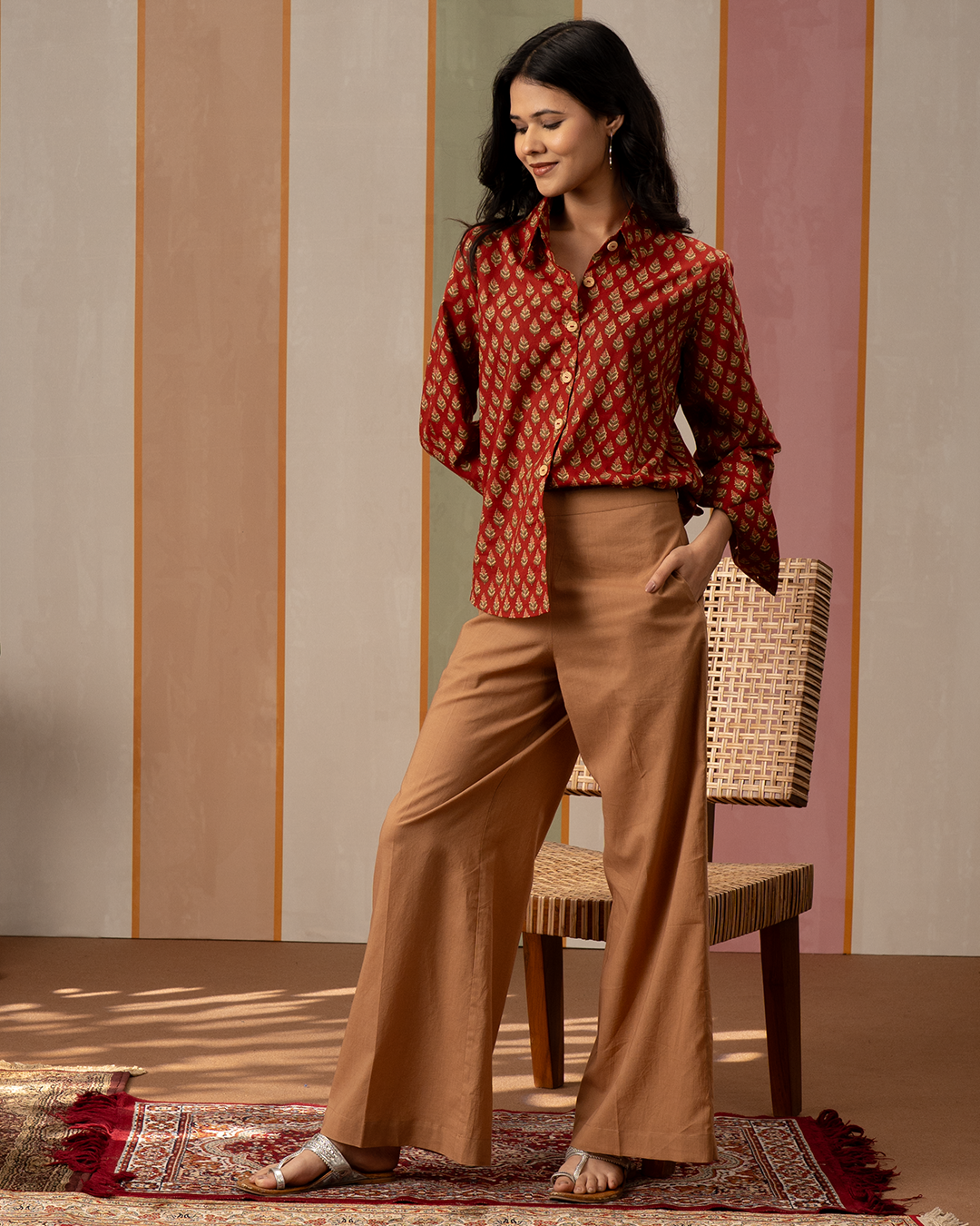 Red and Brown Cotton Blockprint Shirt Coord Set - Industale
