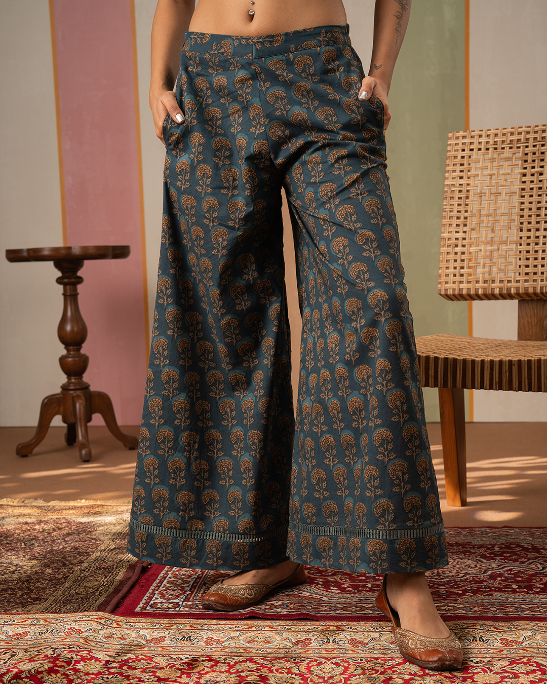 Blue Cotton Blockprint Palazzo Pants - Industale
