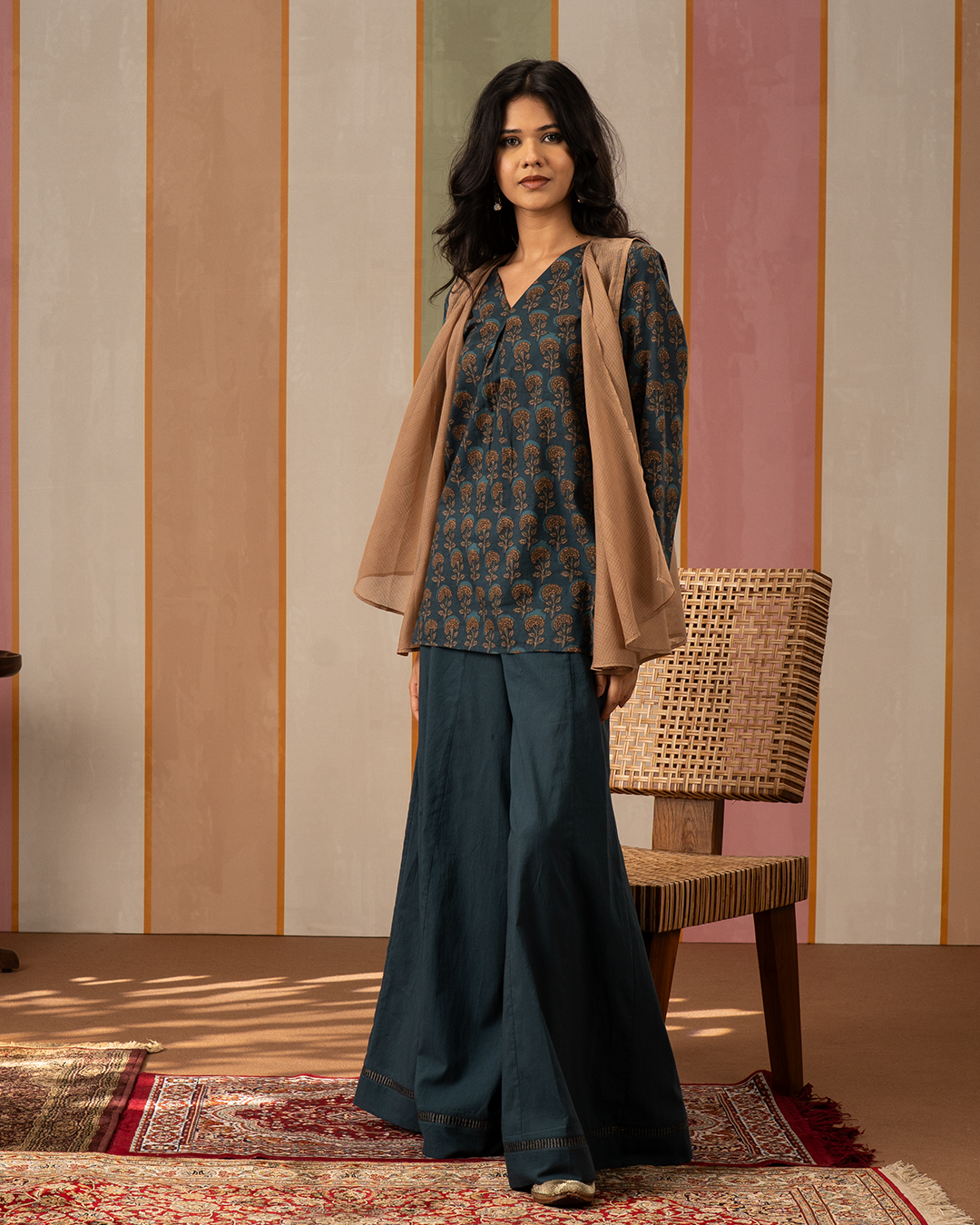Blue and Brown Cotton Doria Blockprint Coord Set with Jacket - Industale