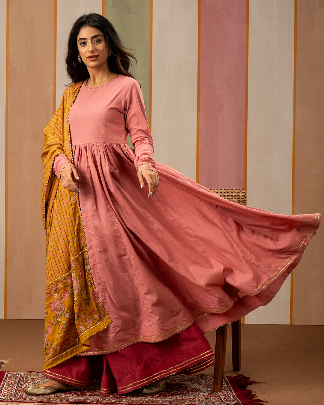 Pink Solid Cotton Flare Kurta Set with Printed Yellow Dupatta - Industale