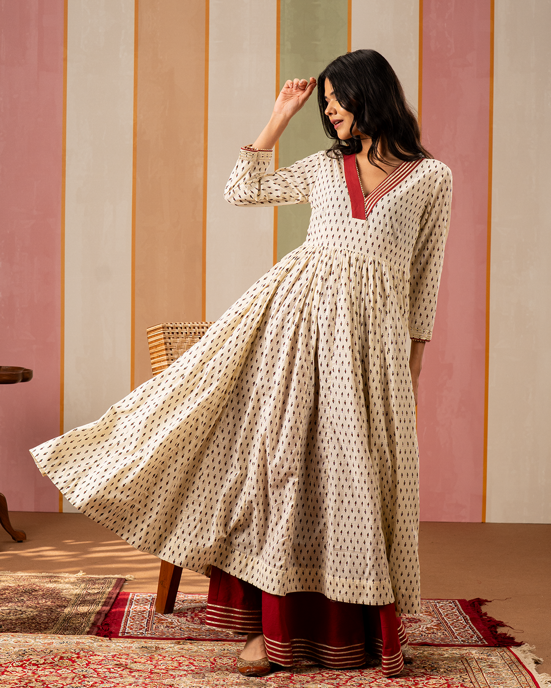 White Blockprint Cotton Flare Kurta - Industale