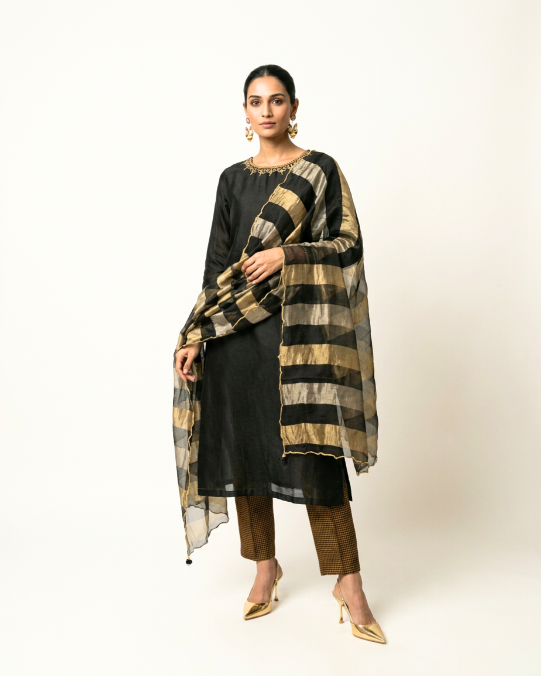 Kajal Chanderi Kurta Set - Charcoal & Gold