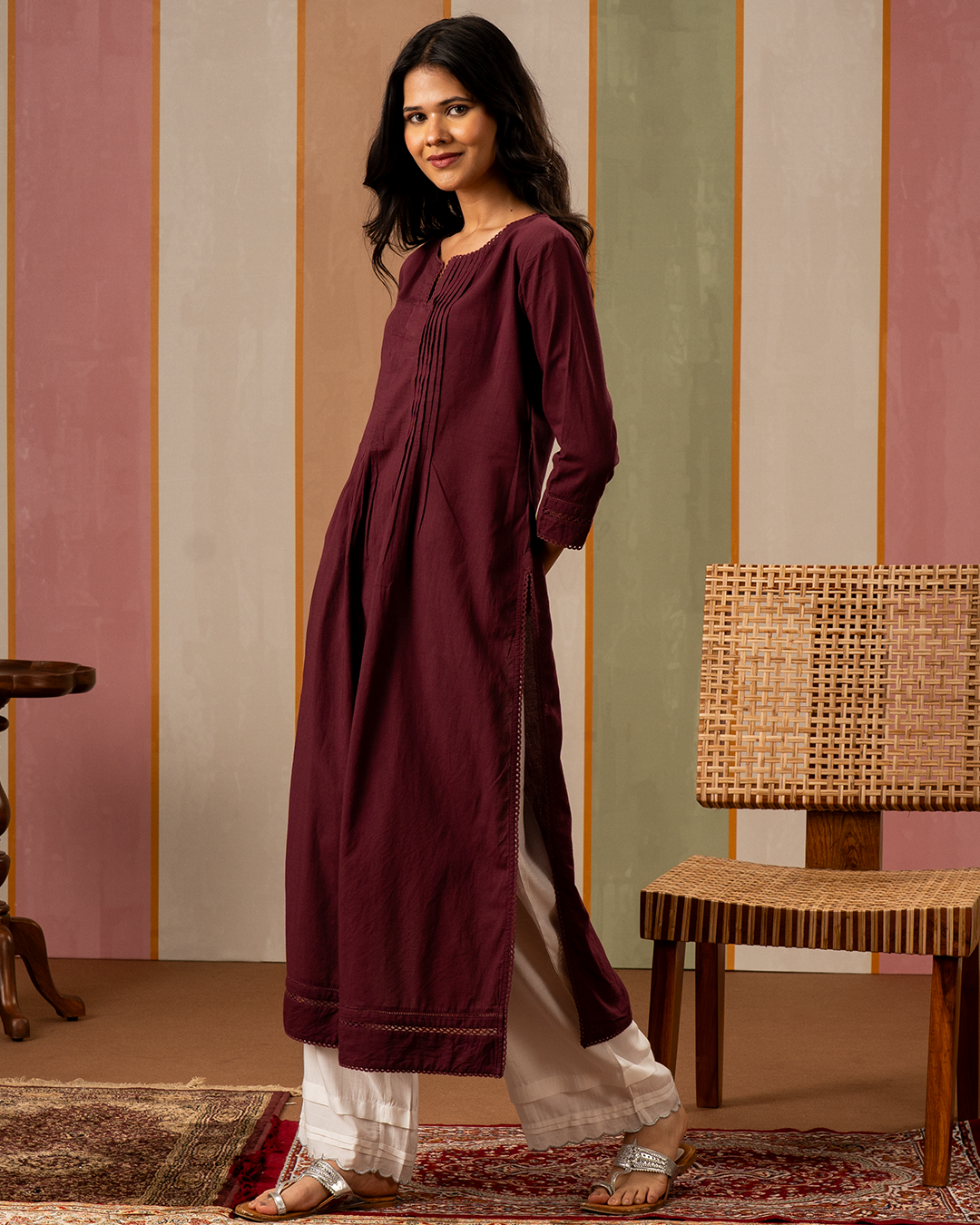 Purple Solid Cotton Straight Kurta - Industale