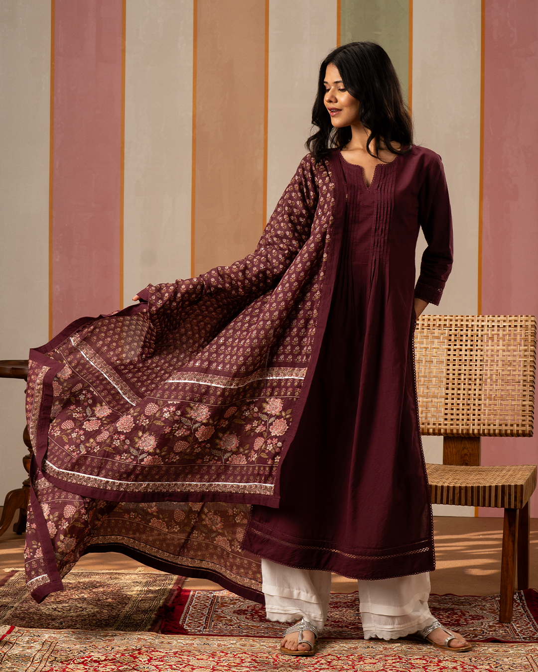 Purple Solid Cotton Kurta Set with Printed Cotton Dupatta - Industale