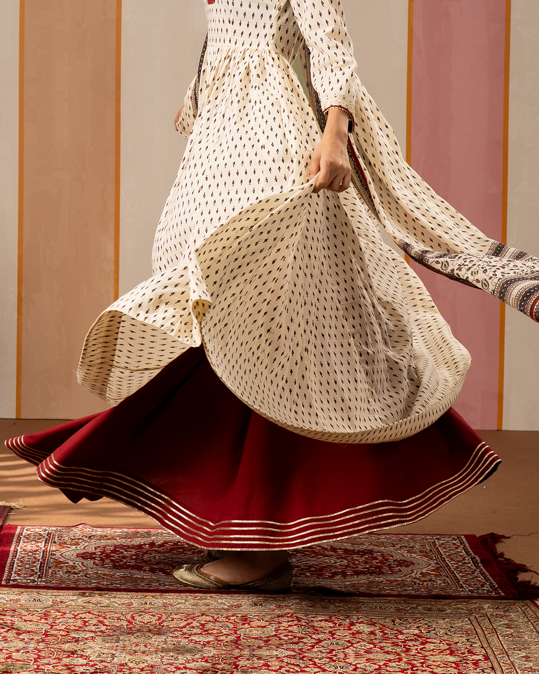 Maroon Solid Cotton Long Skirt with Gota - Industale