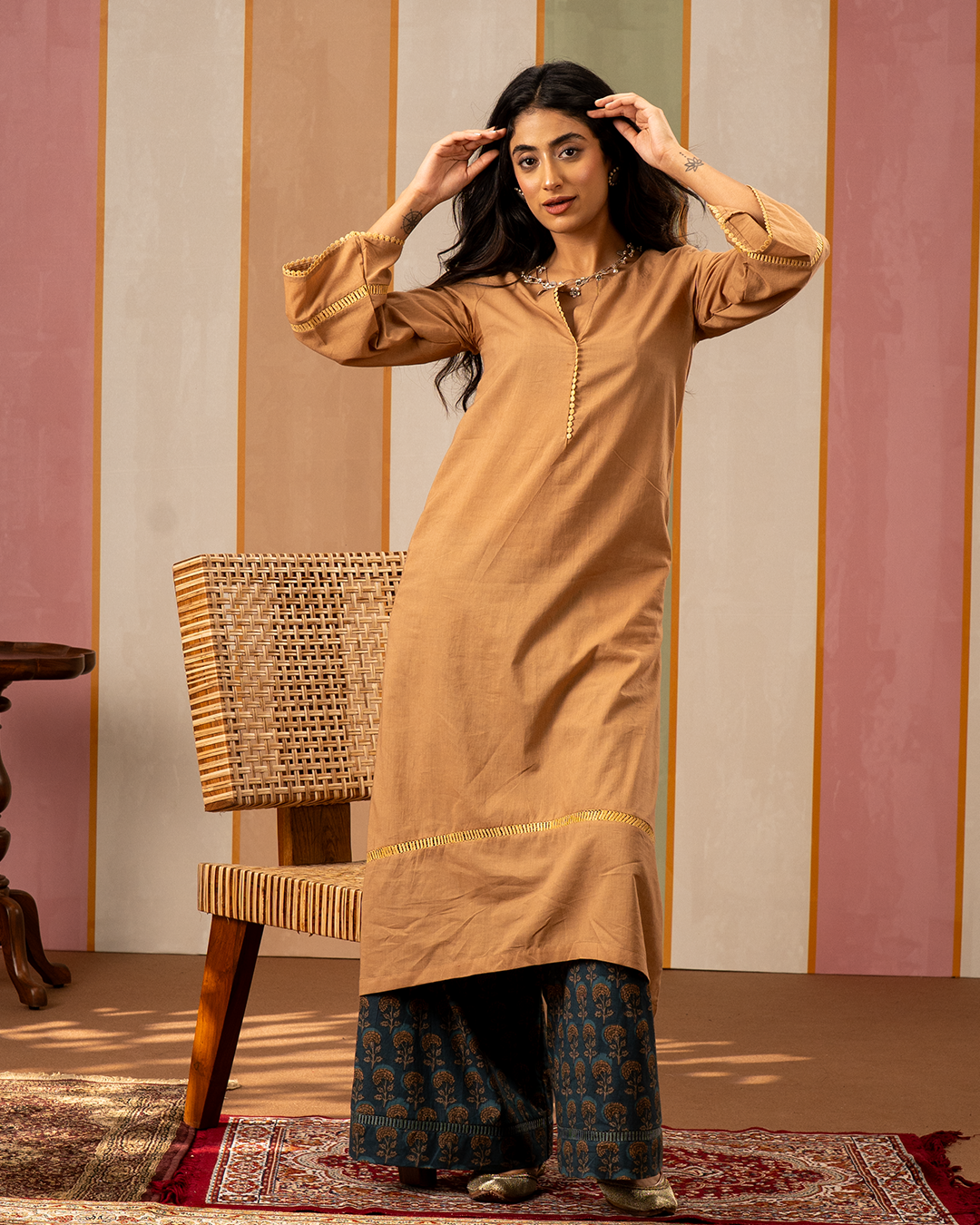 Brown and Blue Printed Cotton Kurta Set - Industale