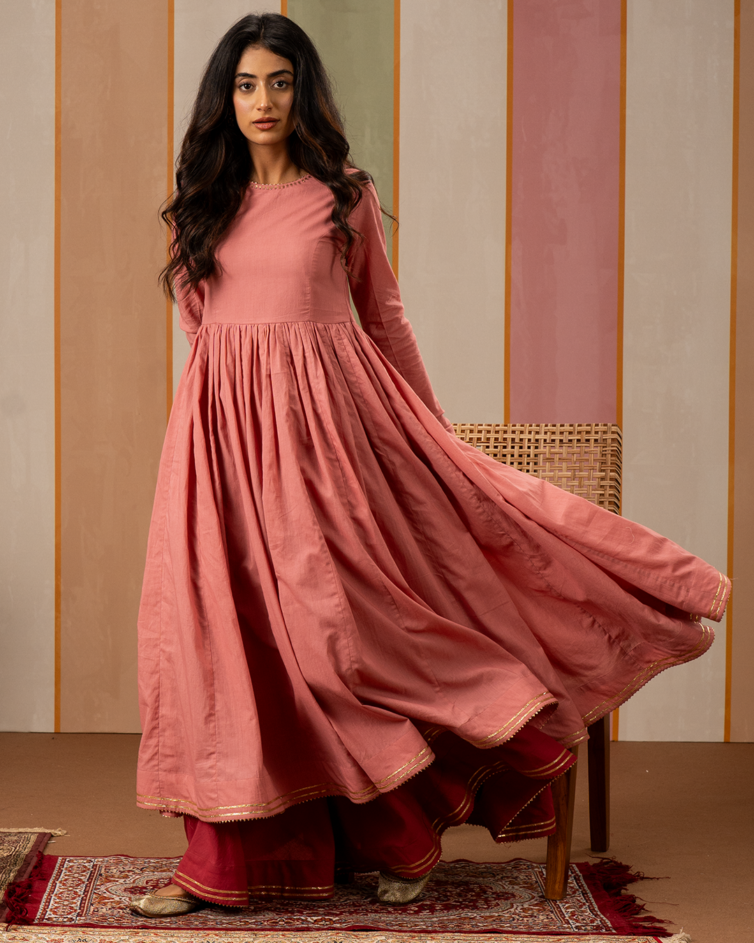 Pink Solid Cotton Flare Kurta - Industale