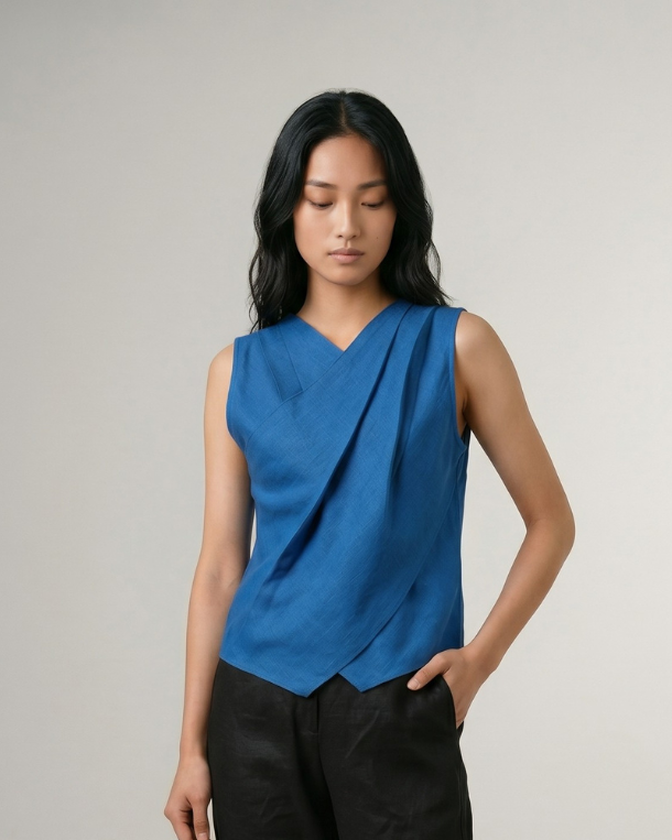 Crossline Linen Top - Ink Blue