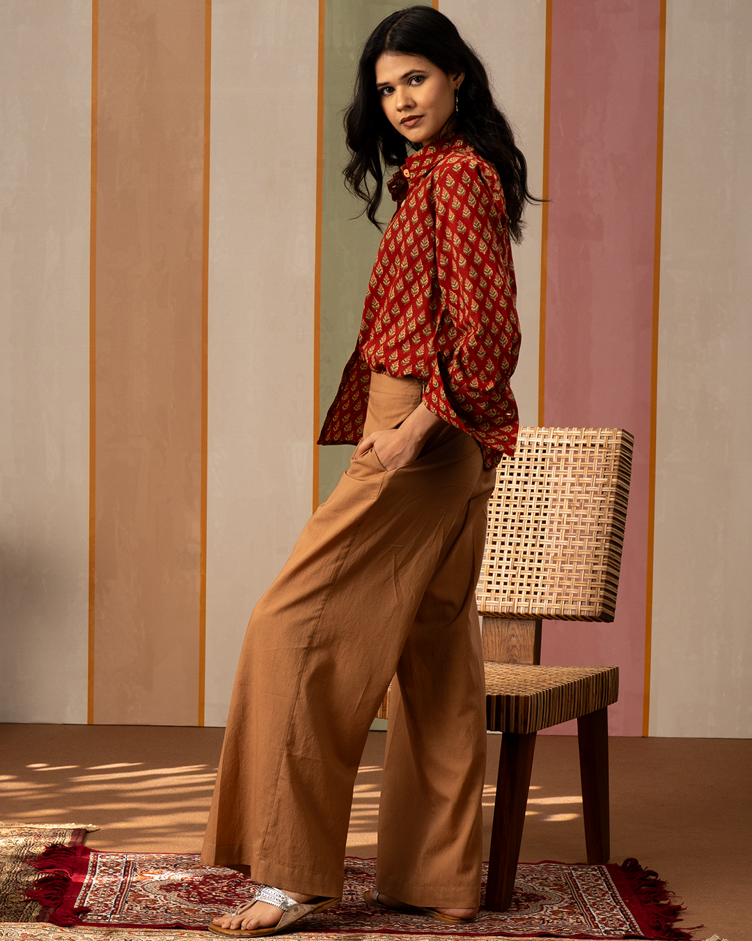 Red and Brown Cotton Blockprint Shirt Coord Set - Industale