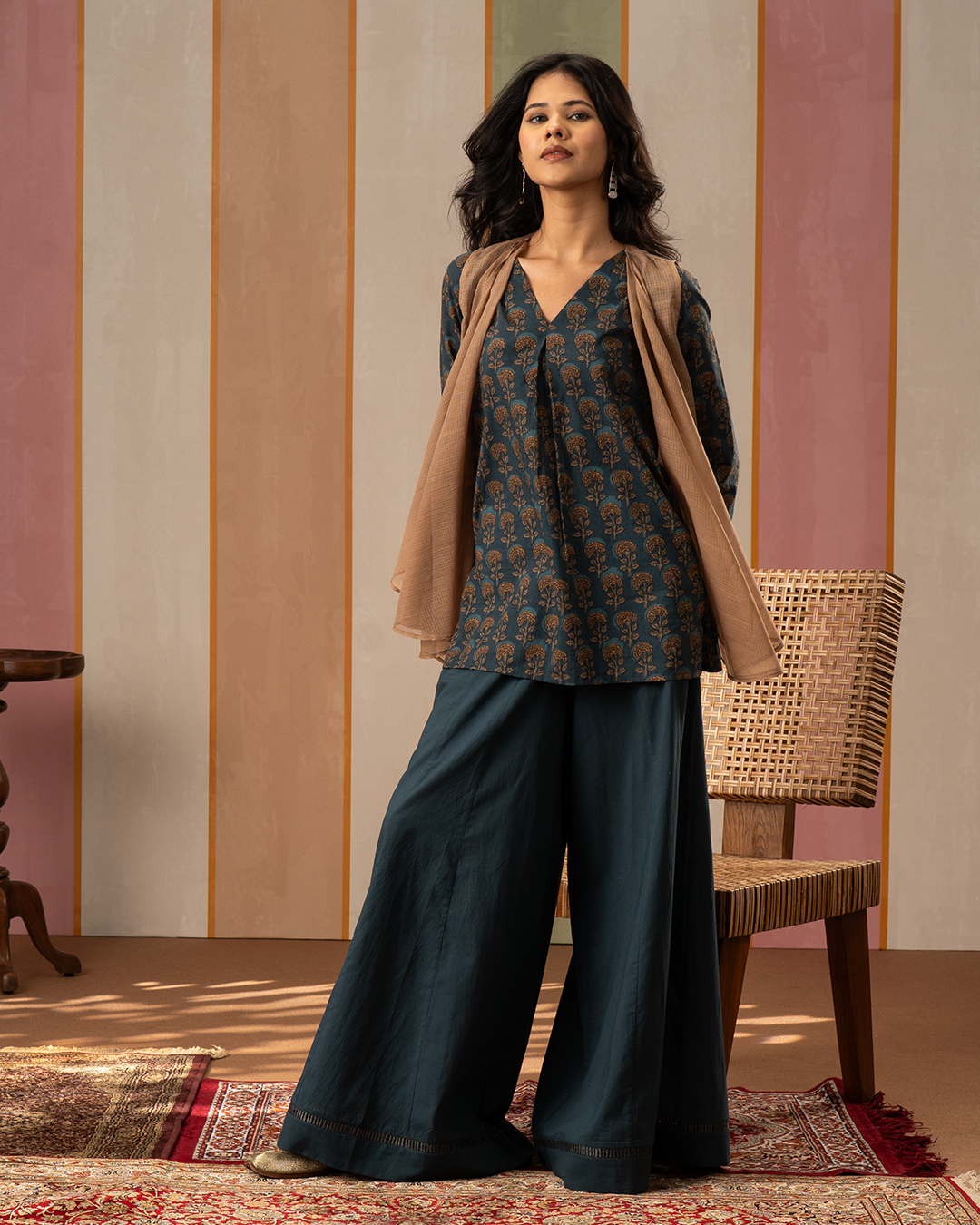 Blue and Brown Cotton Doria Blockprint Coord Set with Jacket - Industale