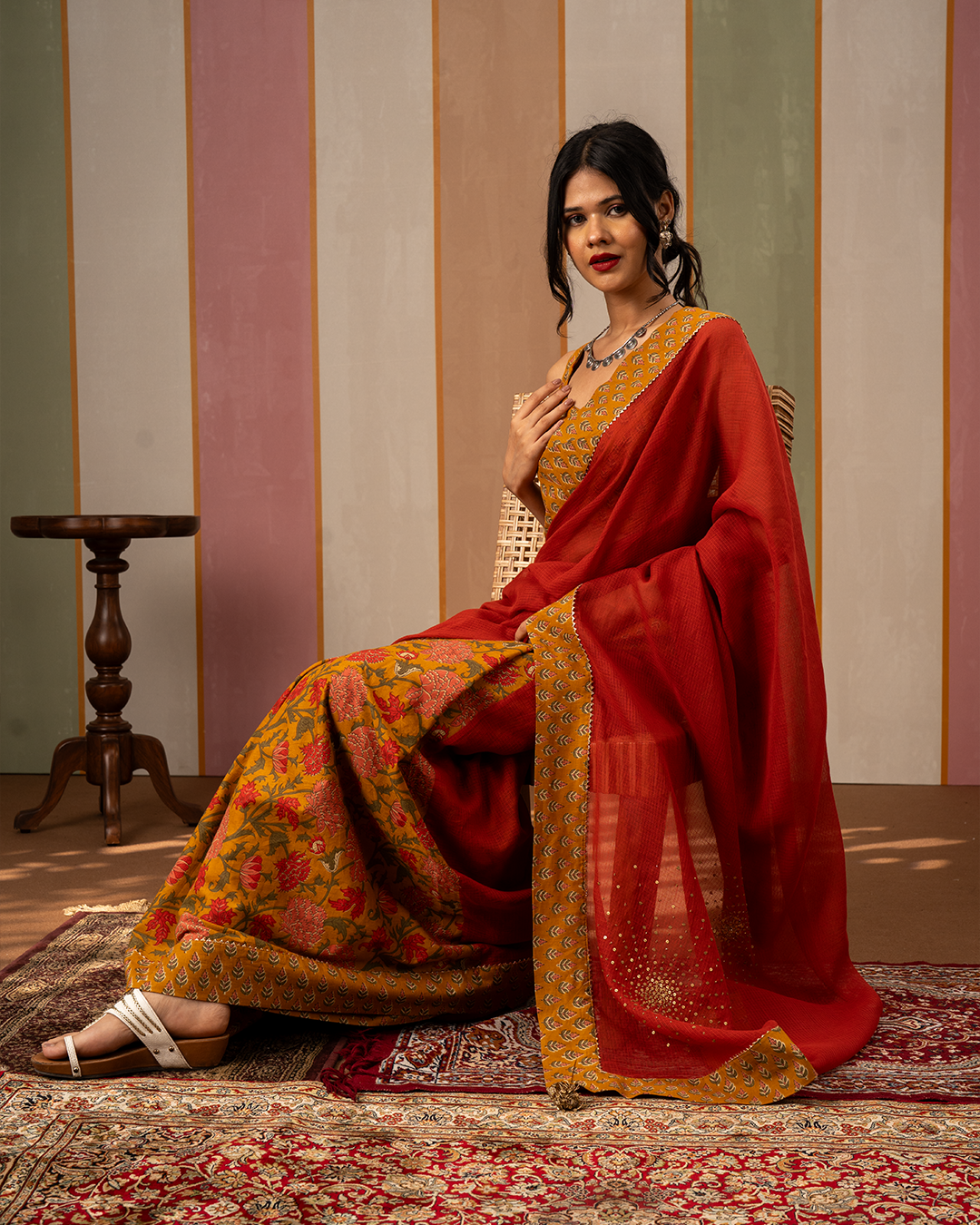 Red and Yellow Doria Blockprint Cotton Saree with Embroidery - Industale