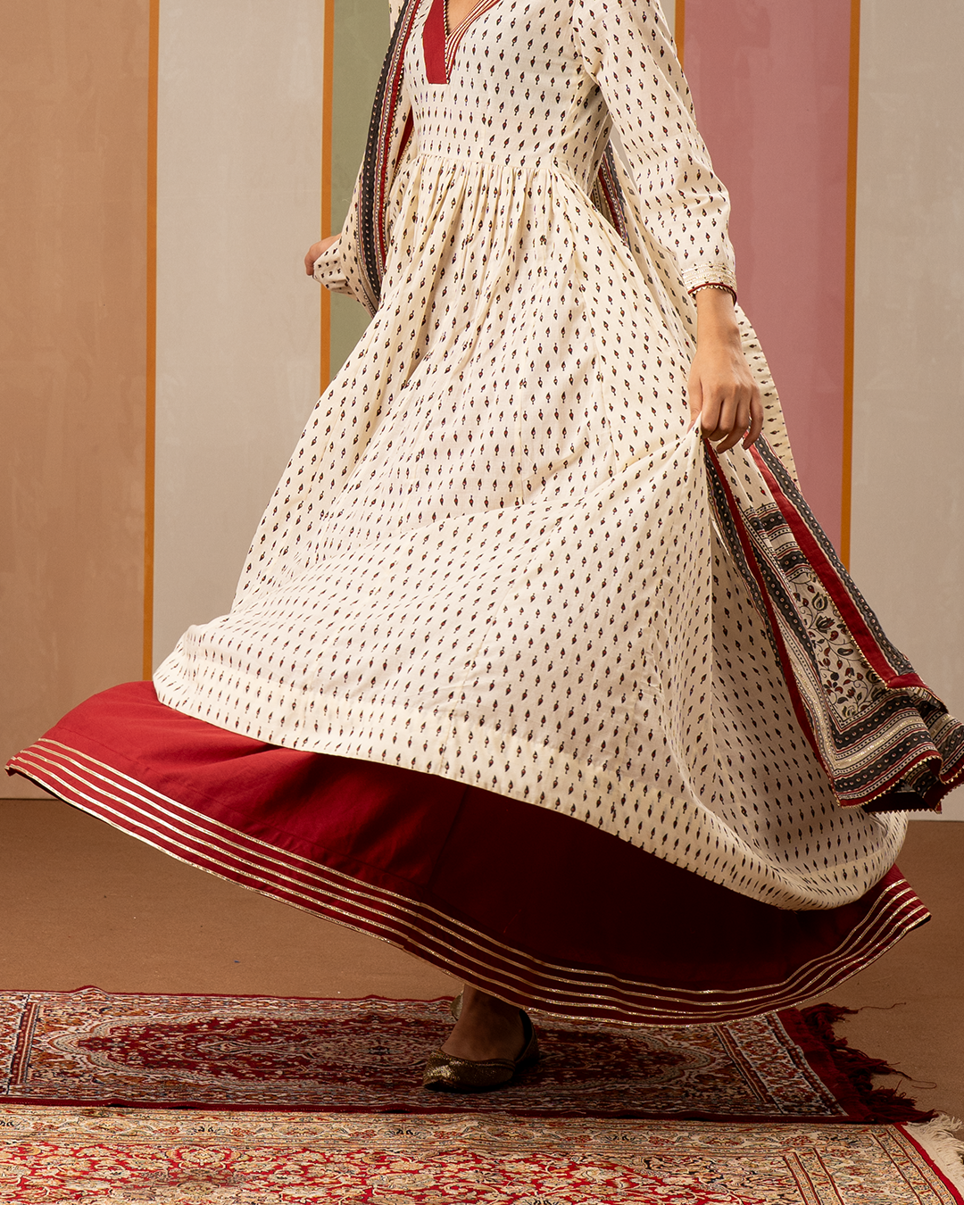 Maroon Solid Cotton Long Skirt with Gota - Industale