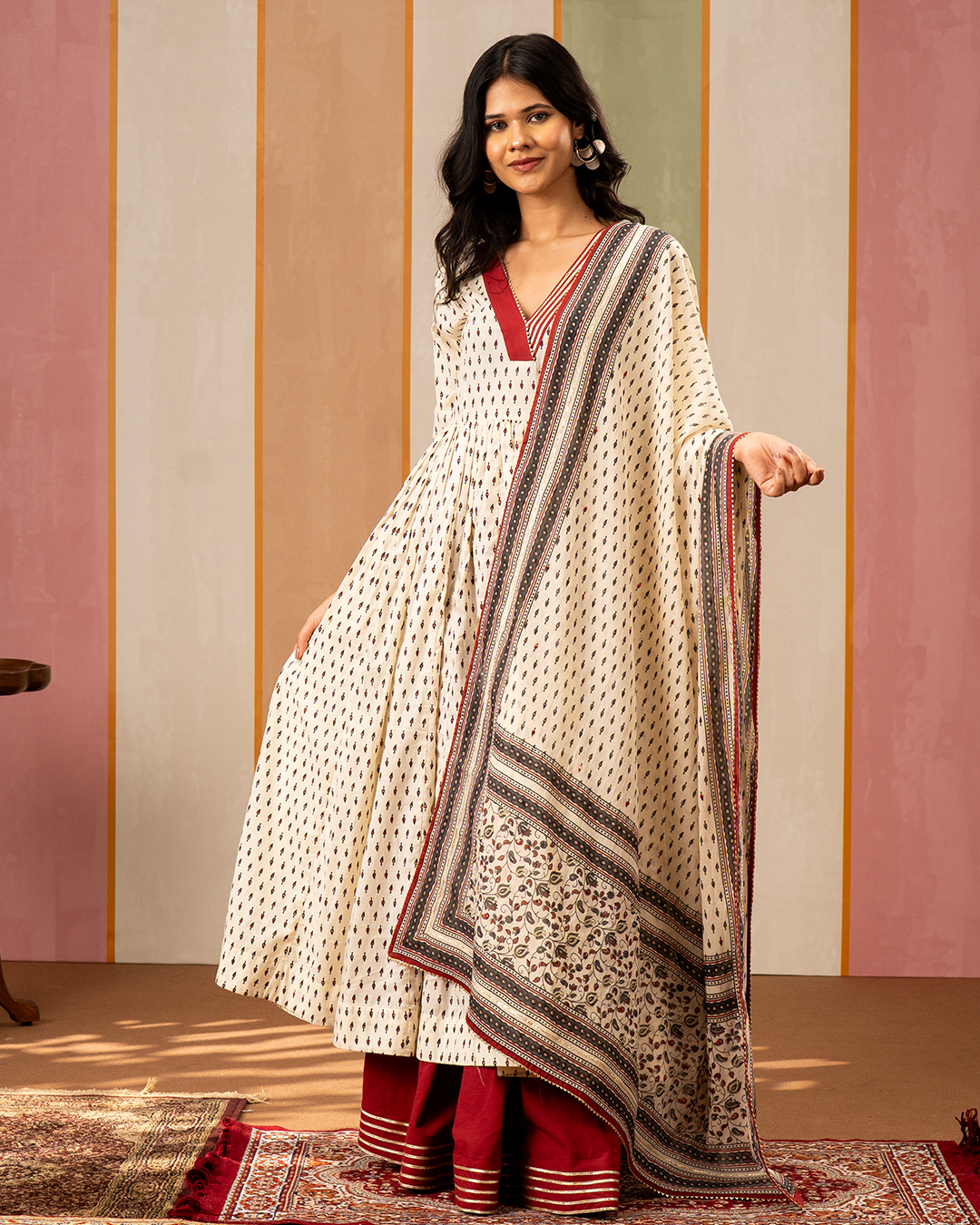 White Printed Cotton Flare Kurta Set - Industale