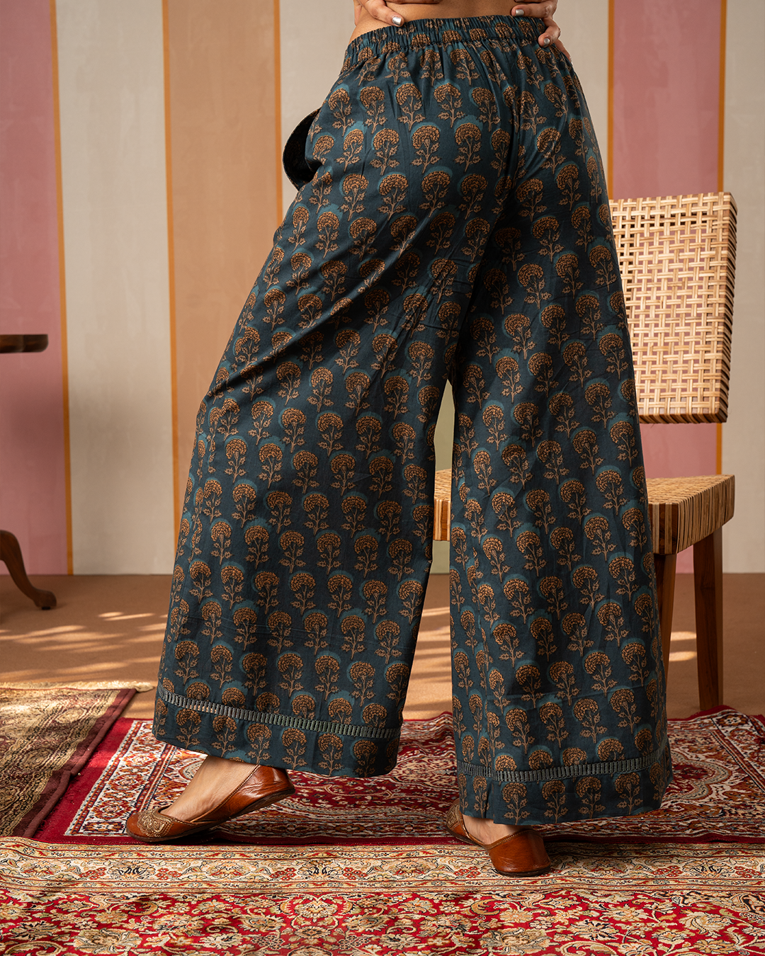Blue Cotton Blockprint Palazzo Pants - Industale