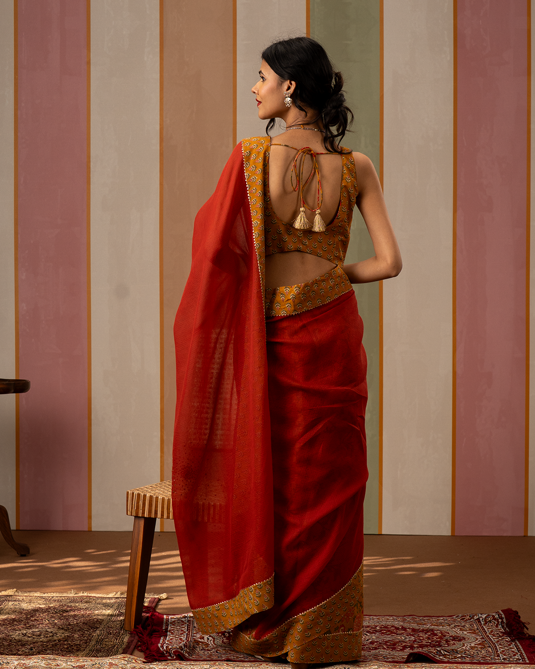 Red and Yellow Doria Blockprint Cotton Saree with Embroidery - Industale
