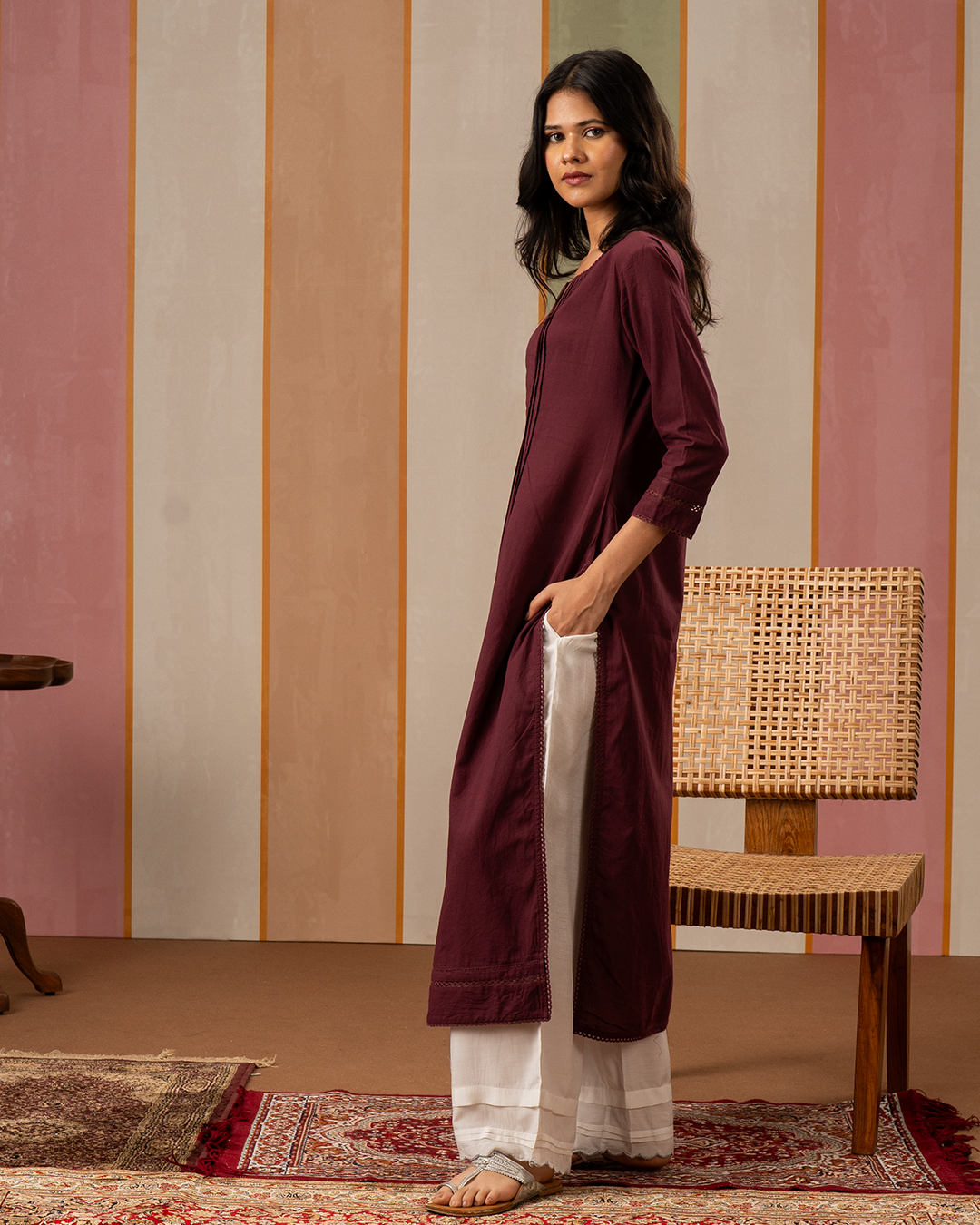 Purple Solid Cotton Straight Kurta - Industale