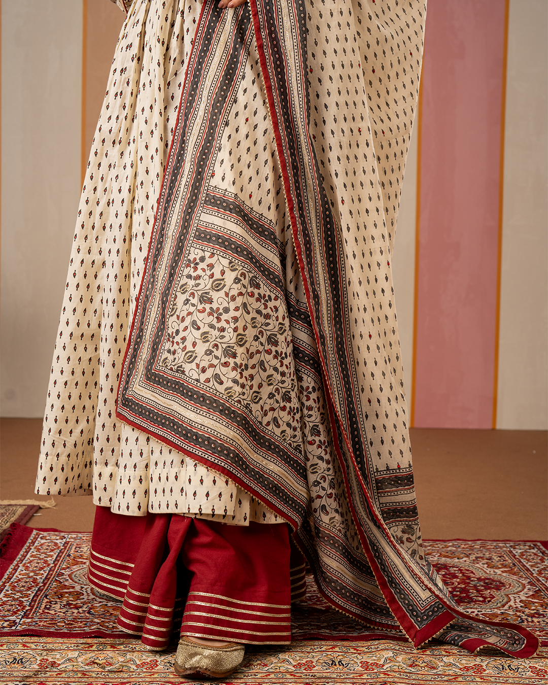 Maroon Solid Cotton Long Skirt with Gota - Industale