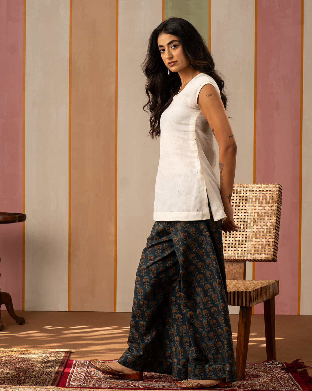 White and Blue Blockprint Cotton Doria Coord Set - Industale