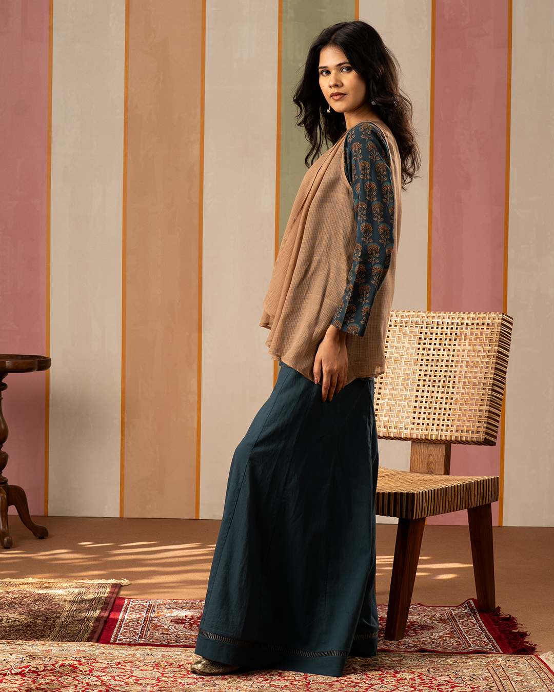 Blue and Brown Cotton Doria Blockprint Coord Set with Jacket - Industale