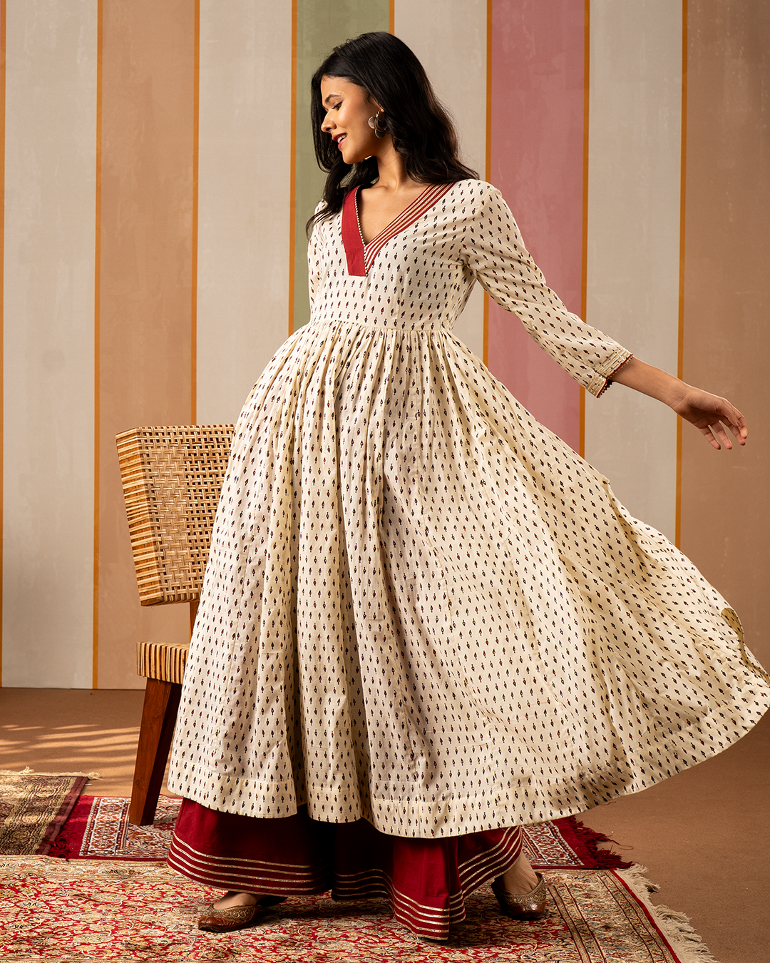 White Blockprint Cotton Flare Kurta - Industale