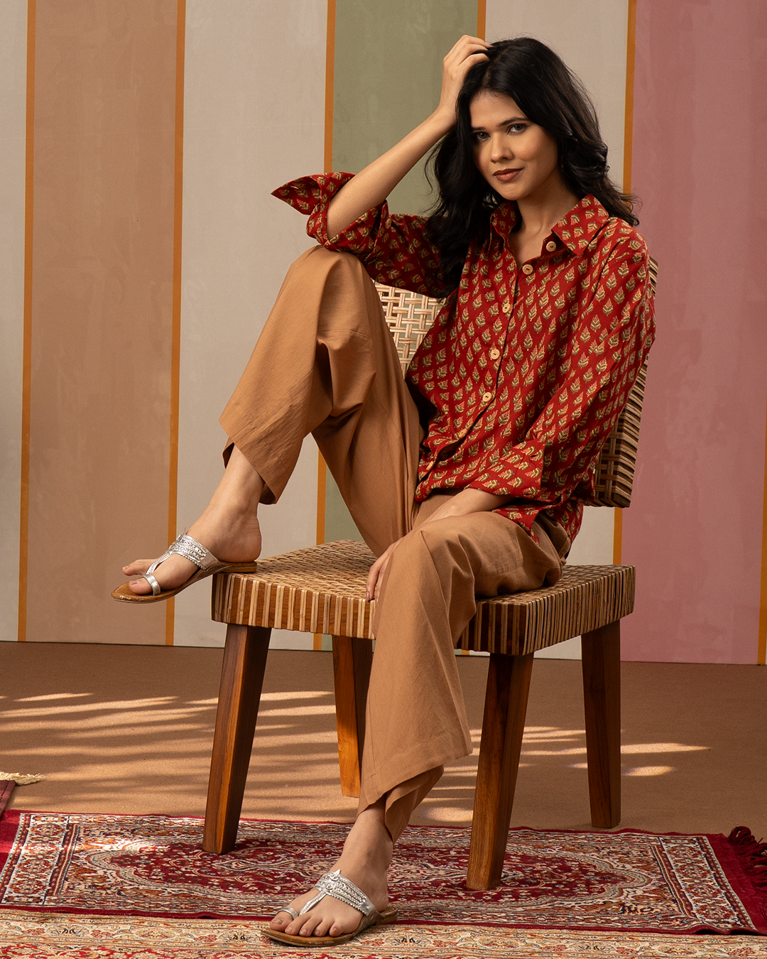 Red and Brown Cotton Blockprint Shirt Coord Set - Industale