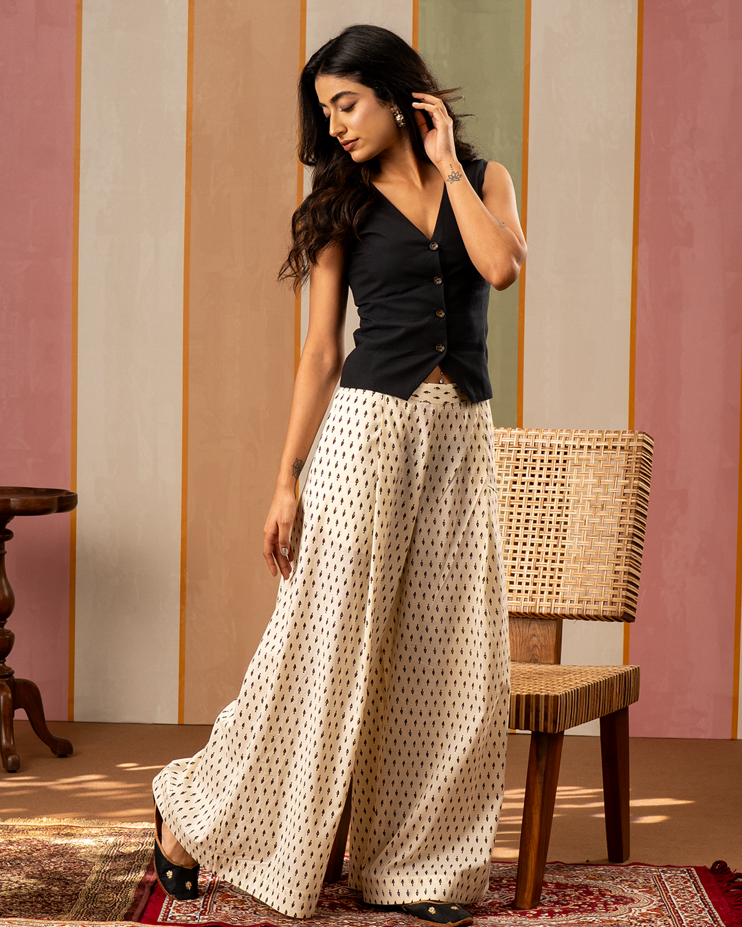 Black and White Waistcoat Blockprint Coord Set - Industale