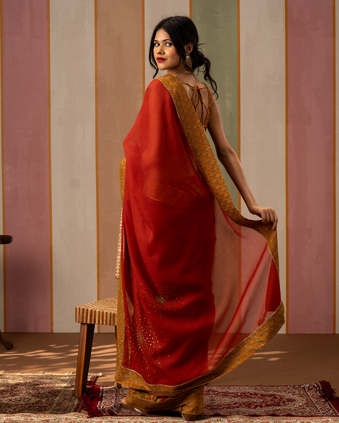 Red and Yellow Doria Blockprint Cotton Saree with Embroidery - Industale