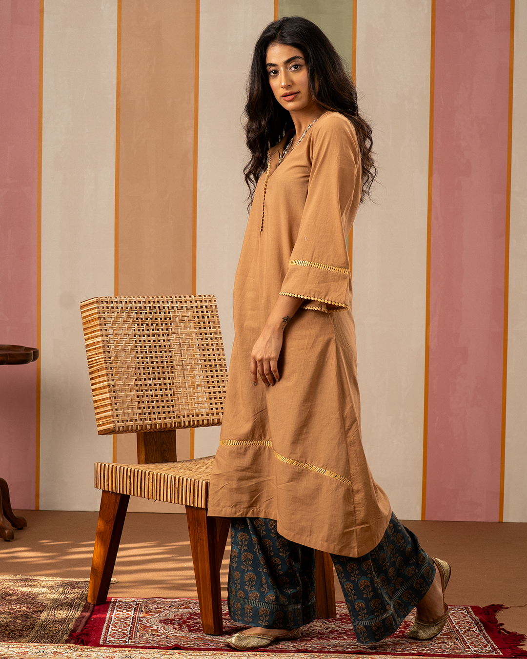 Brown and Blue Printed Cotton Kurta Set - Industale