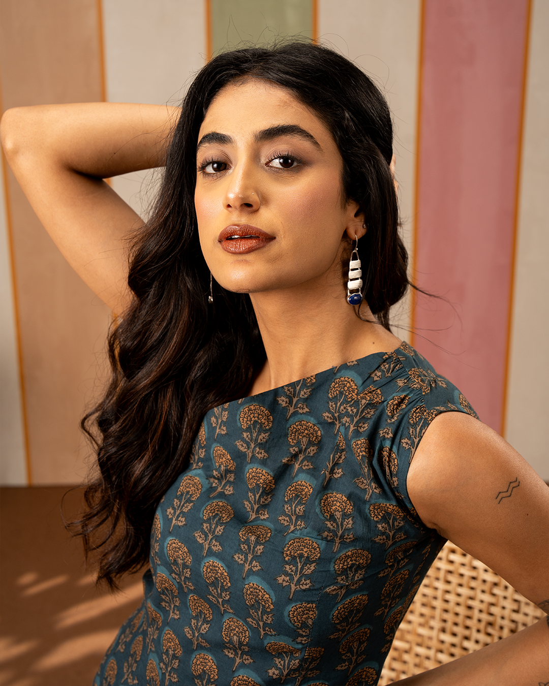 Blue Blockprint Cotton One Shoulder Short Dress - Industale