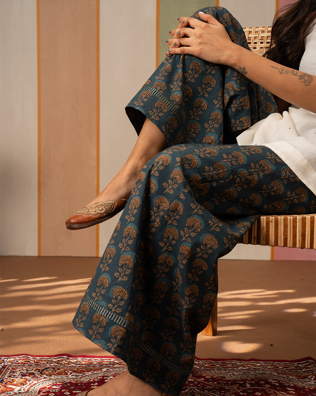 Blue Cotton Blockprint Palazzo Pants - Industale