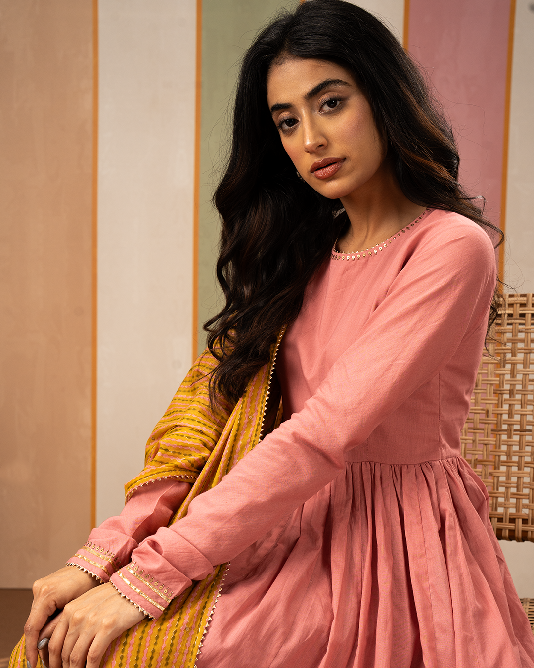 Pink Solid Cotton Flare Kurta Set with Printed Yellow Dupatta - Industale