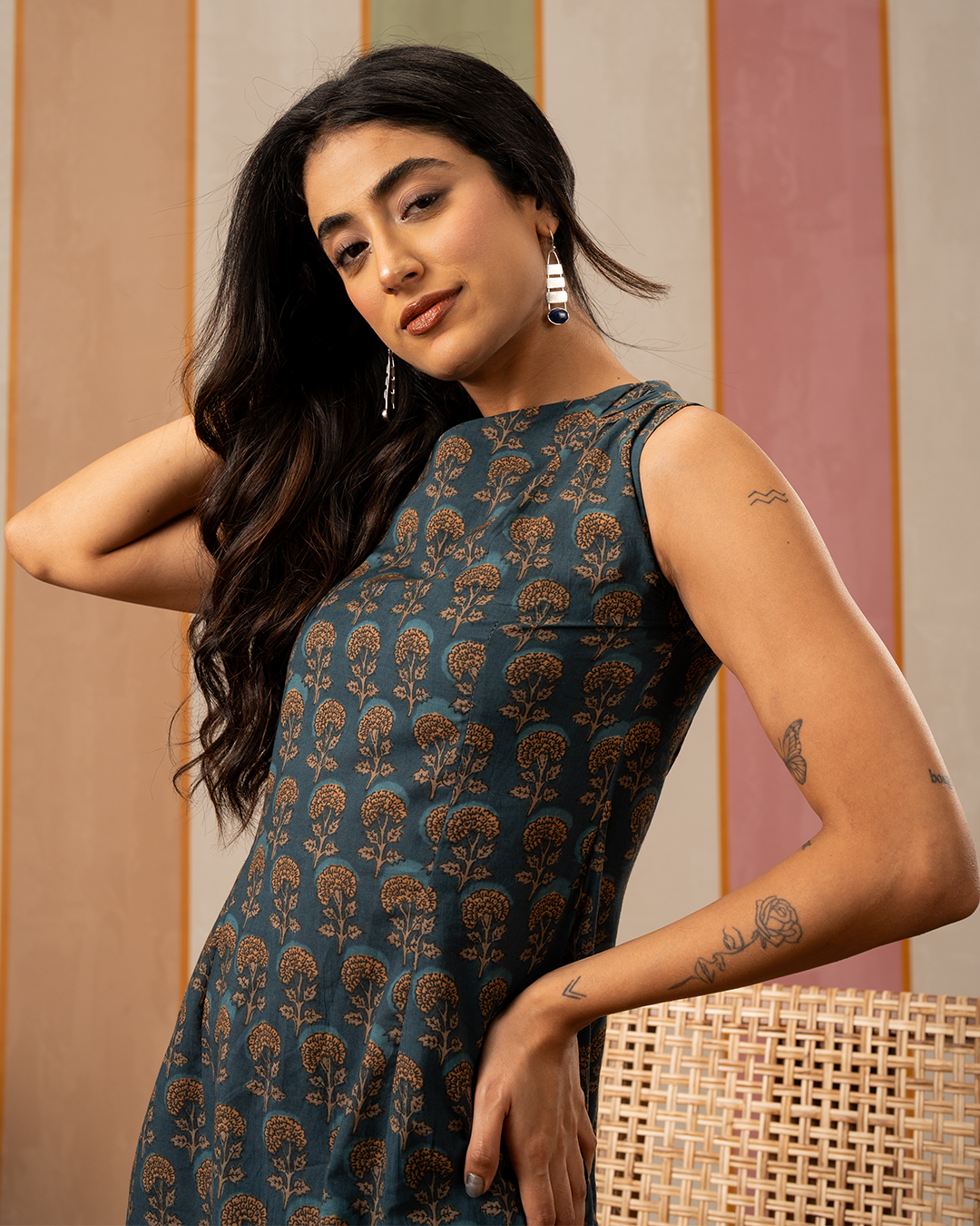 Blue Blockprint Cotton One Shoulder Short Dress - Industale