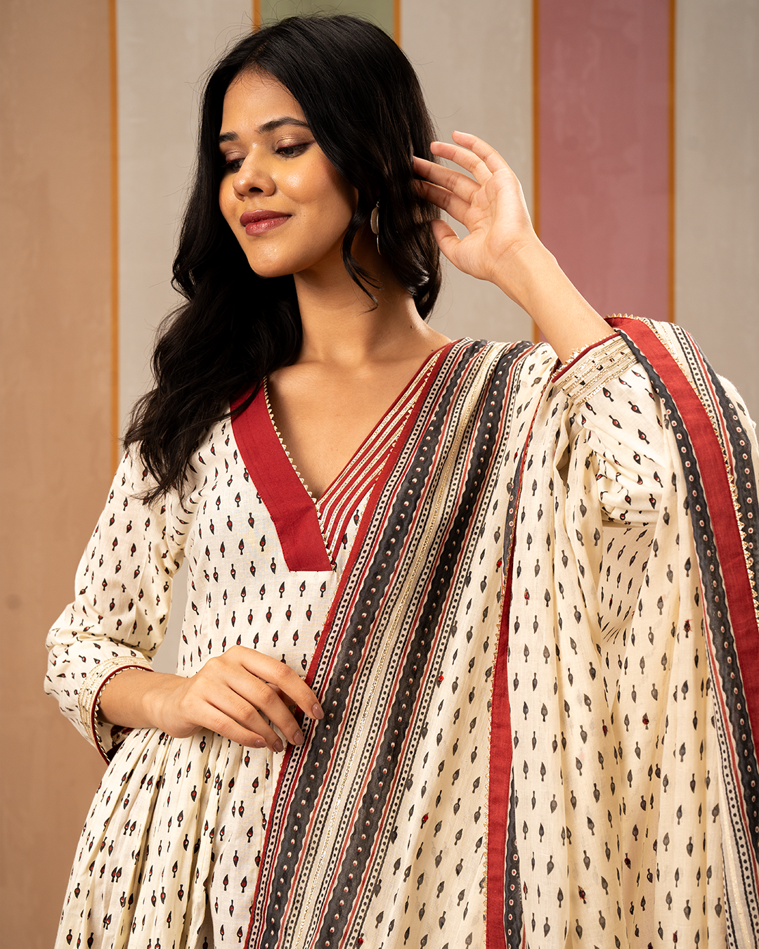 White Blockprint Cotton Flare Kurta - Industale