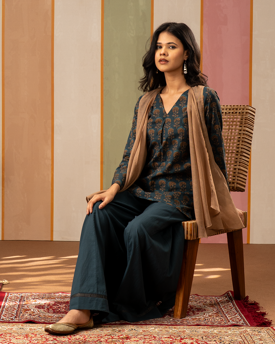 Blue and Brown Cotton Doria Blockprint Coord Set with Jacket - Industale