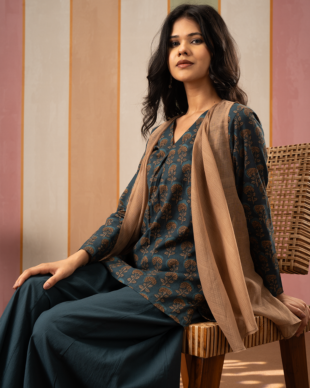 Blue and Brown Cotton Doria Blockprint Coord Set with Jacket - Industale