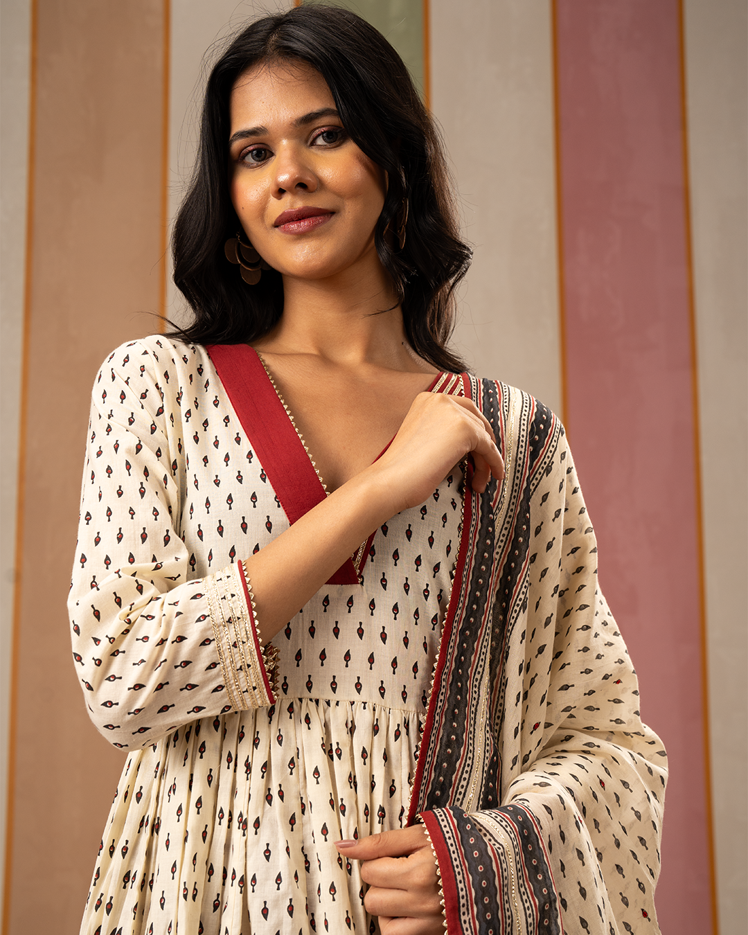 White Blockprint Cotton Flare Kurta - Industale