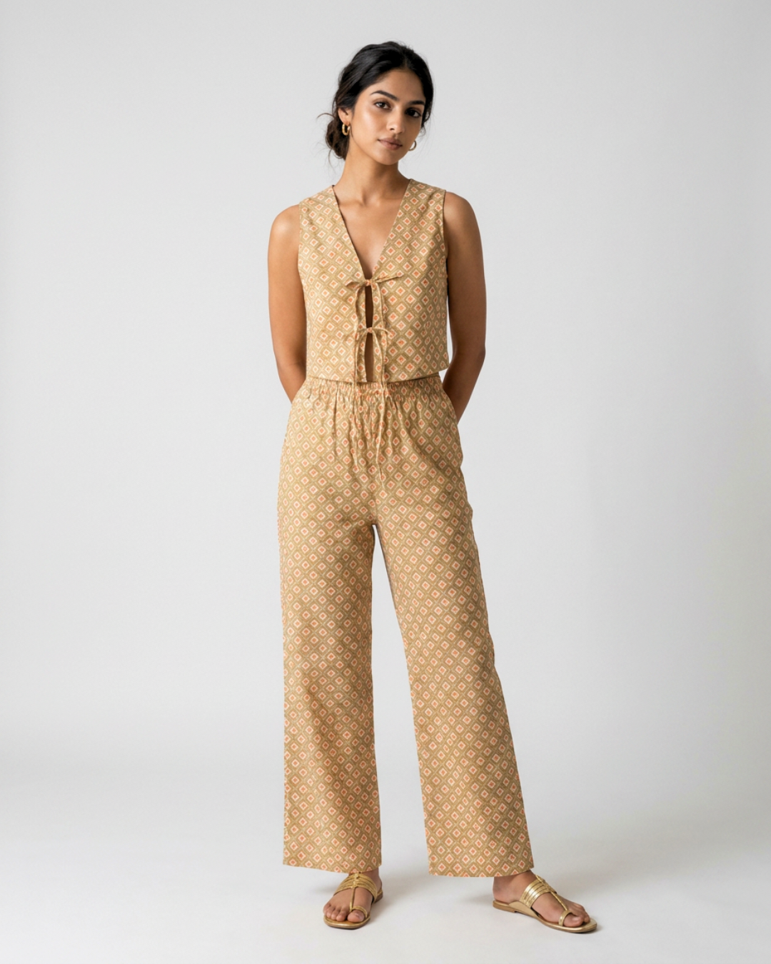 Abha Mul Coord Set - Orange & Sage Green