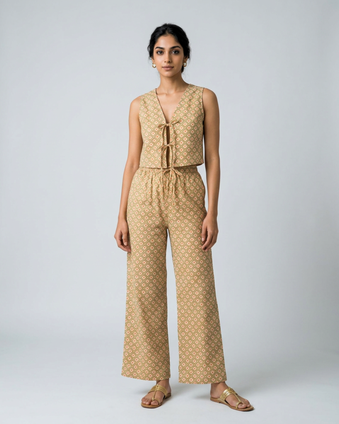 Abha Mul Coord Set - Orange & Sage Green
