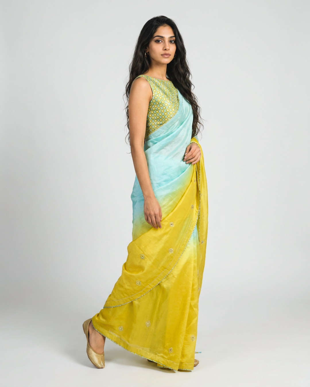 Ambar Chanderi Saree - Yellow & Blue