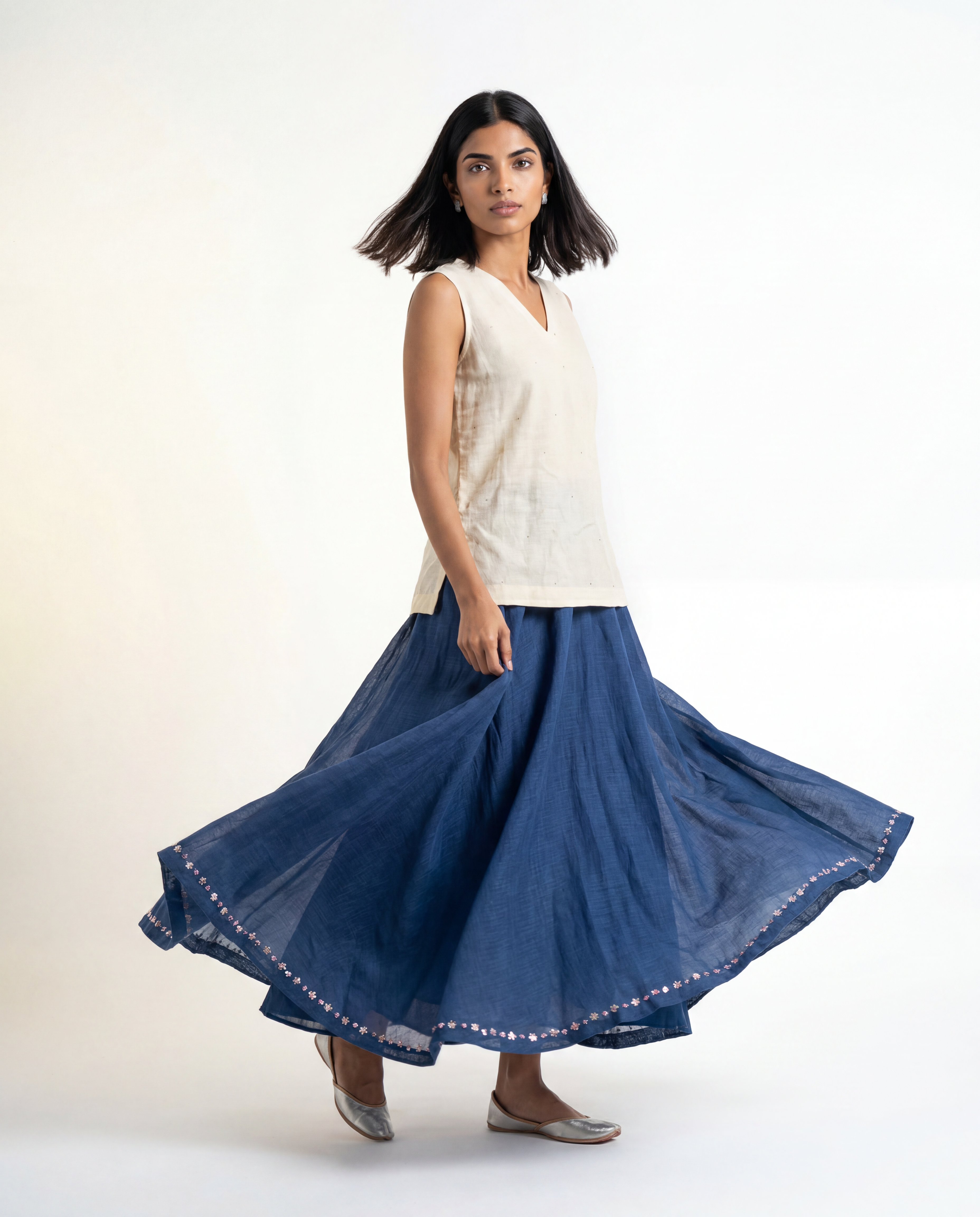 Asma Skirt Set - White & Navy Blue